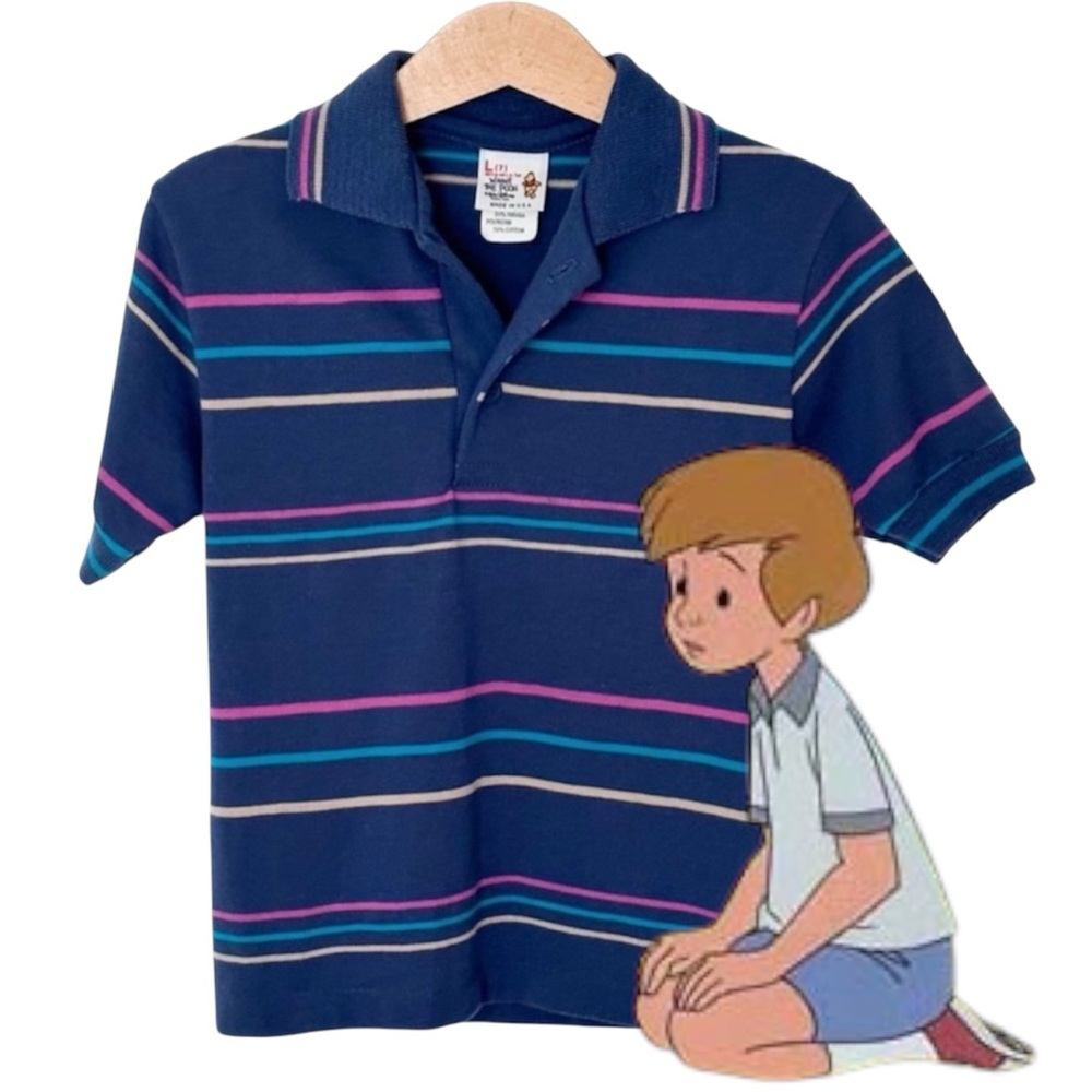 VTG Disney Winnie the Pooh Polo Tee Blue/Pink/Yellow Stripes Vintage — Size 7